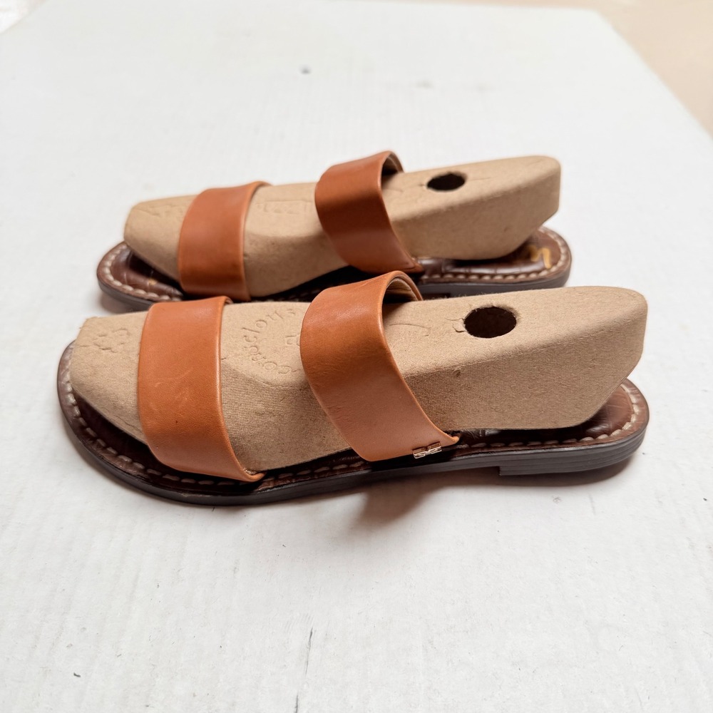 Sam Edelman Gala Two Strap Slide Sandals Tan Leather Croc Embossed Womens 6.5 M
